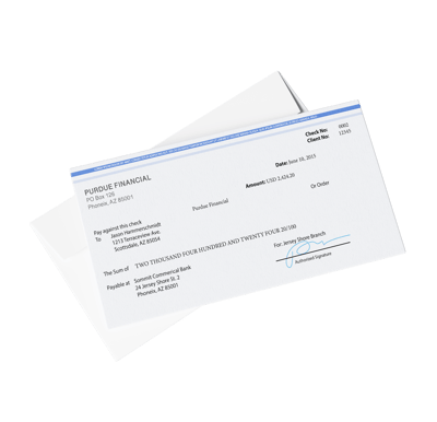 Banking envelope and secure stock check with LASER LOCK, microprinting, thermochromic ink, CopyBan Capture, and control numbers to prevent fraud
